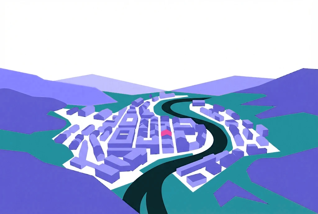 Ilustración de una ciudad a orillas de un río entre colinas